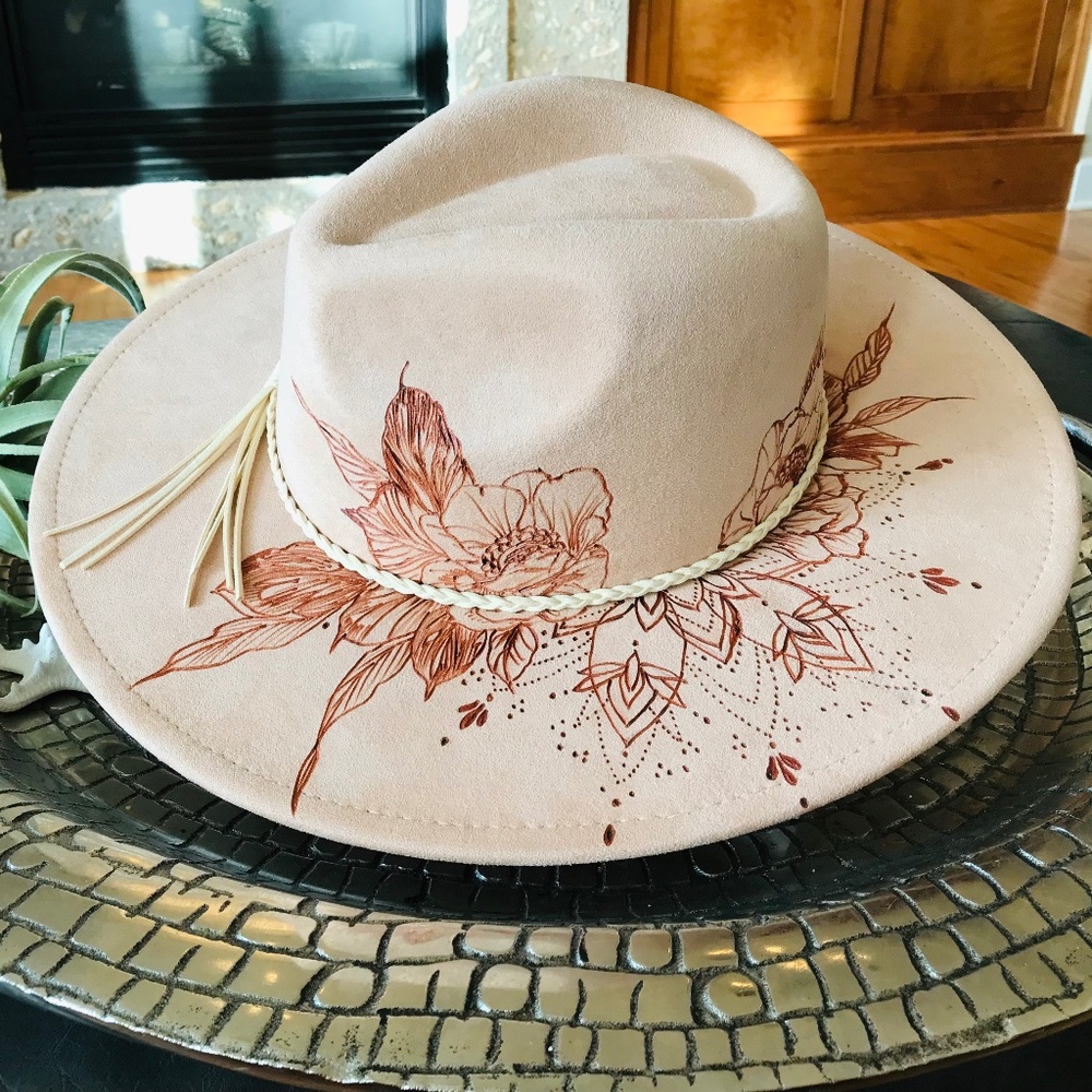 FESTIVAL π₯HAND-BURNED PEACH CREAM WIDE-BRIM RANCHER HAT - Picture 1 of 14